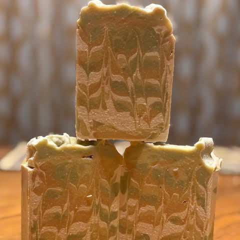 apricot peach basil scented -5 oz goat milk soap with green & peach swirl
