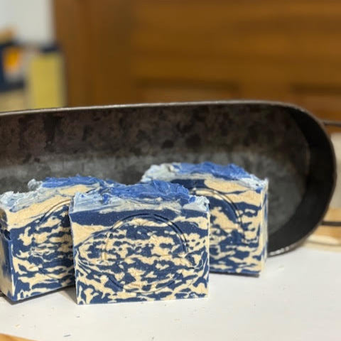 Dutch tulips scented -5 oz goat milk soap in blue & white swirl