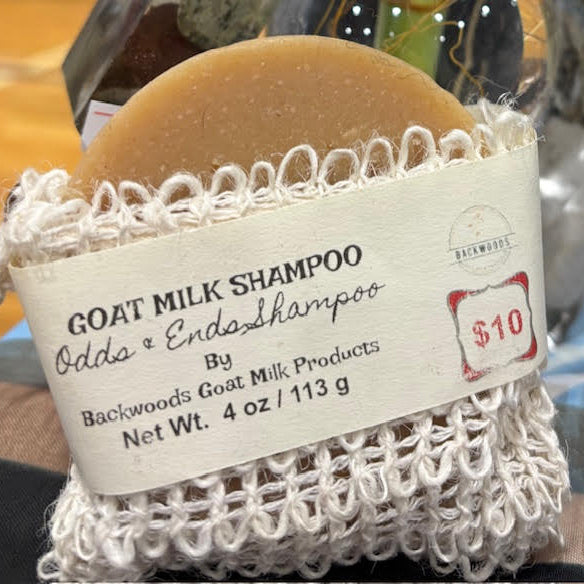 4 oz goat milk shampoo ends in a variety of scents packaged in a sisal soap saver bag