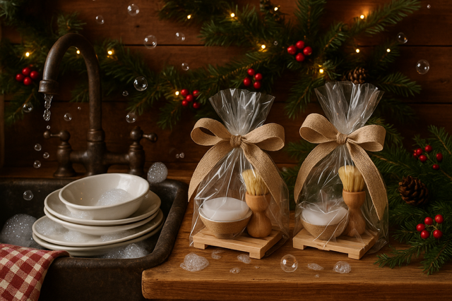 Kitchen set with lightly citrus Solid Dish Soap in a ramekin, with a scrub brush and scrub cloth on a mini pallet 
