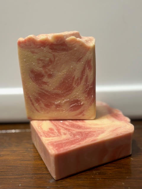 candy cane scented goat milk soap in a red and white swirl