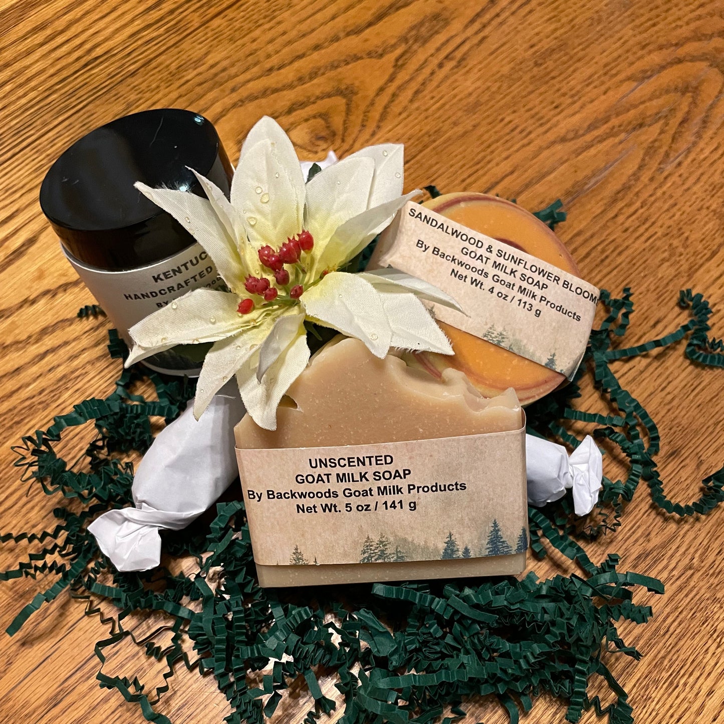 Holiday gift sets some need 6 weeks advance notice.  full size or Sample soaps, sample lotions, lip balms all available for git sets