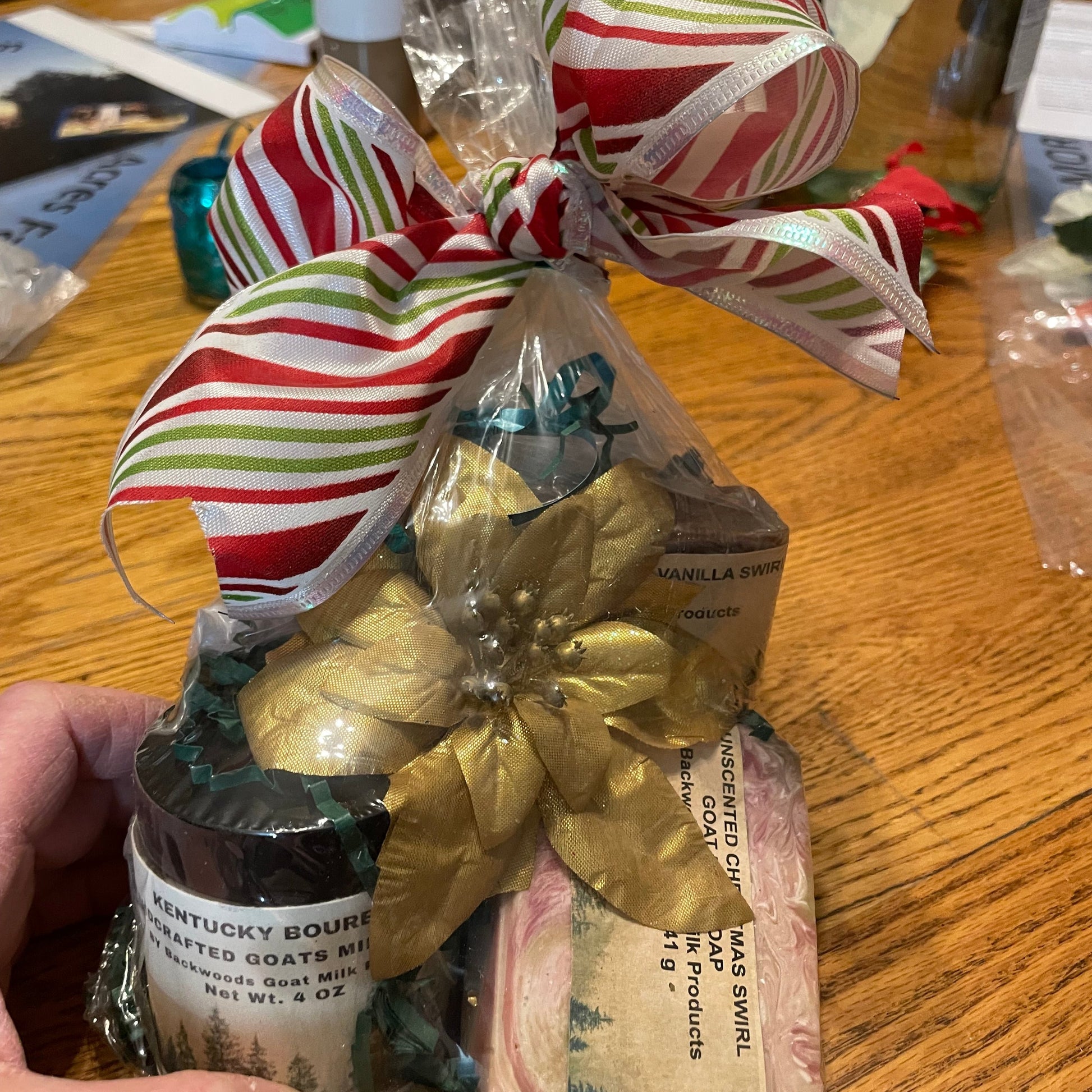 Pictures of Samples of Holiday gift sets some need 6 weeks advance notice.  full size or Sample soaps, sample lotions, lip balms all available for git sets