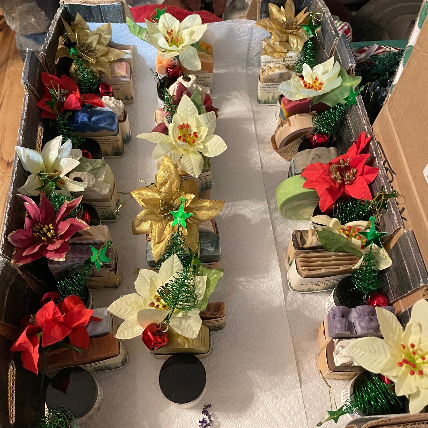 Pictures of Samples of Holiday gift sets some need 6 weeks advance notice.  full size or Sample soaps, sample lotions, lip balms all available for git sets