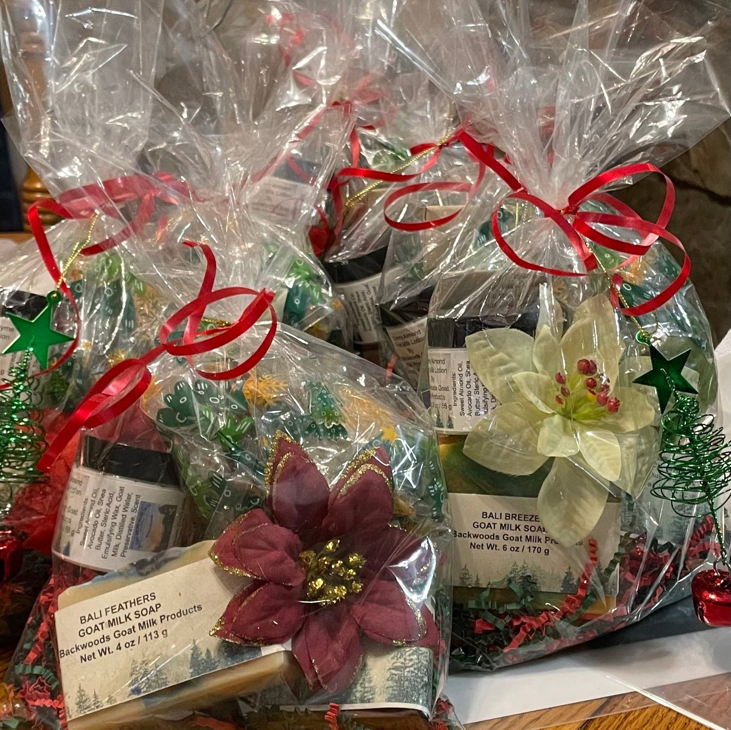 Pictures of Samples of Holiday gift sets some need 6 weeks advance notice.  full size or Sample soaps, sample lotions, lip balms all available for git sets