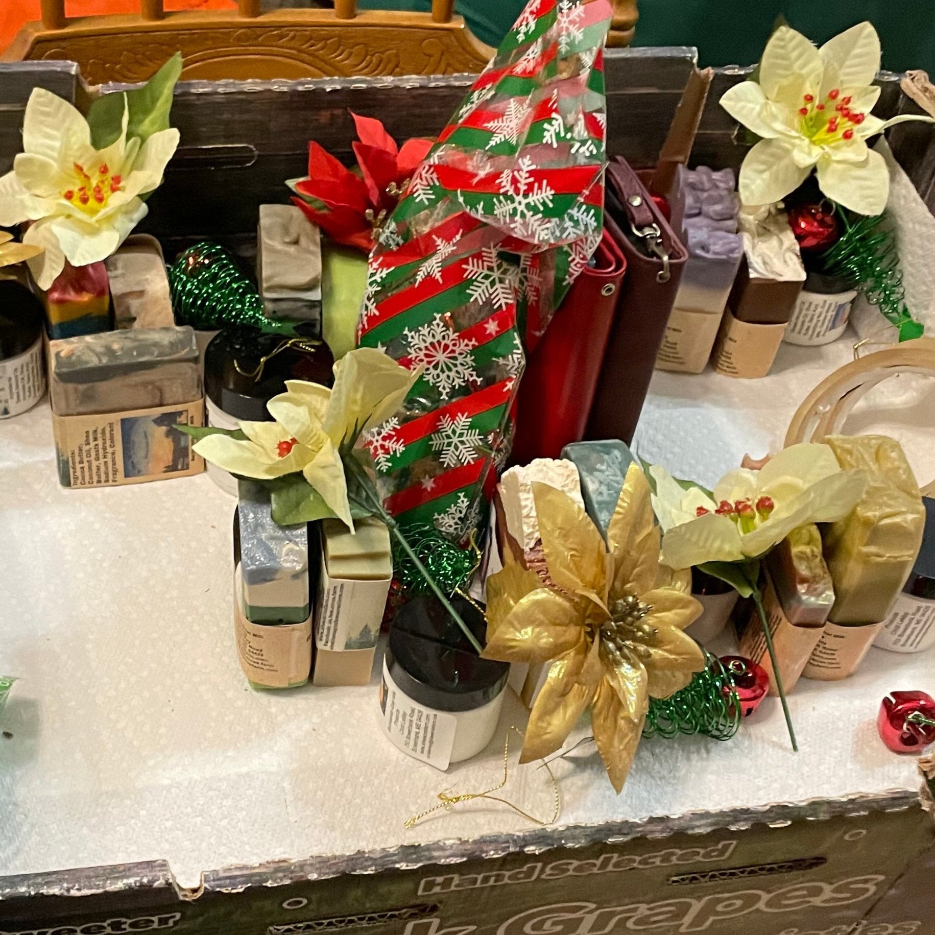 Pictures of Samples of Holiday gift sets some need 6 weeks advance notice.  full size or Sample soaps, sample lotions, lip balms all available for git sets