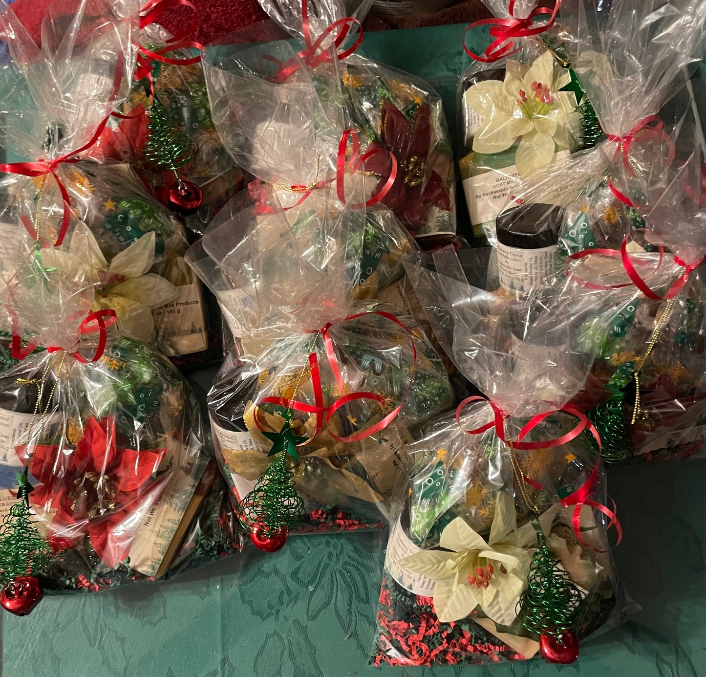 Pictures of Samples of Holiday gift sets some need 6 weeks advance notice.  full size or Sample soaps, sample lotions, lip balms all available for git sets