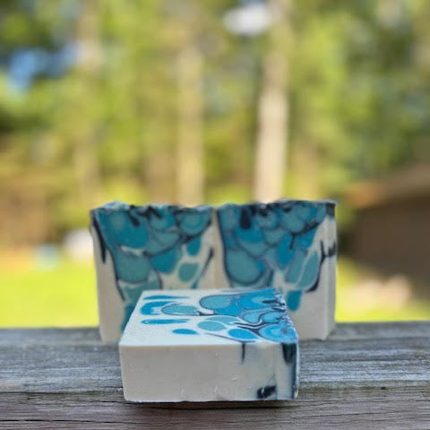 iced blackberries scented -5 oz  goat milk soap with blue, black & white swirls 
