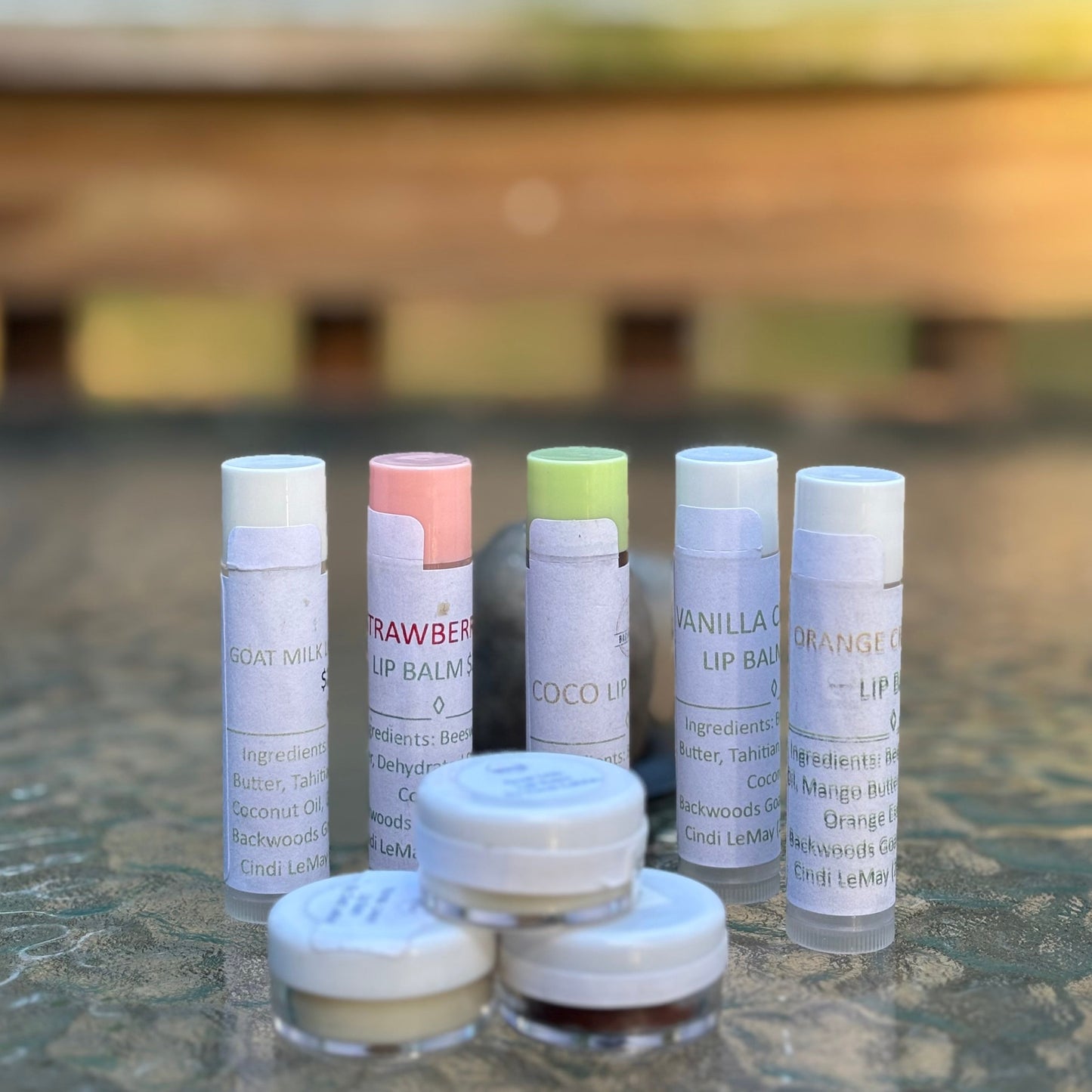 natural lip balm, in twist stick or pot strawberry, vanilla, blueberry, cherry, coconut