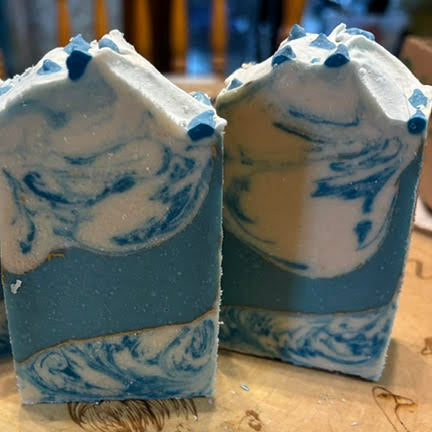 Swirled  & Layered Blues and whites with gold accent goat milk soap