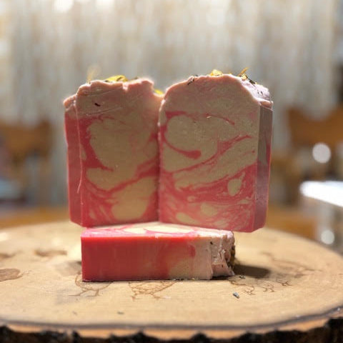 Apple Blossom Lavender scented -5 oz  goat milk soap with pink & white swirl and dried flowers on top