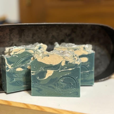 fresh linen scented -5 oz  goat milk soap in blues & white swirl